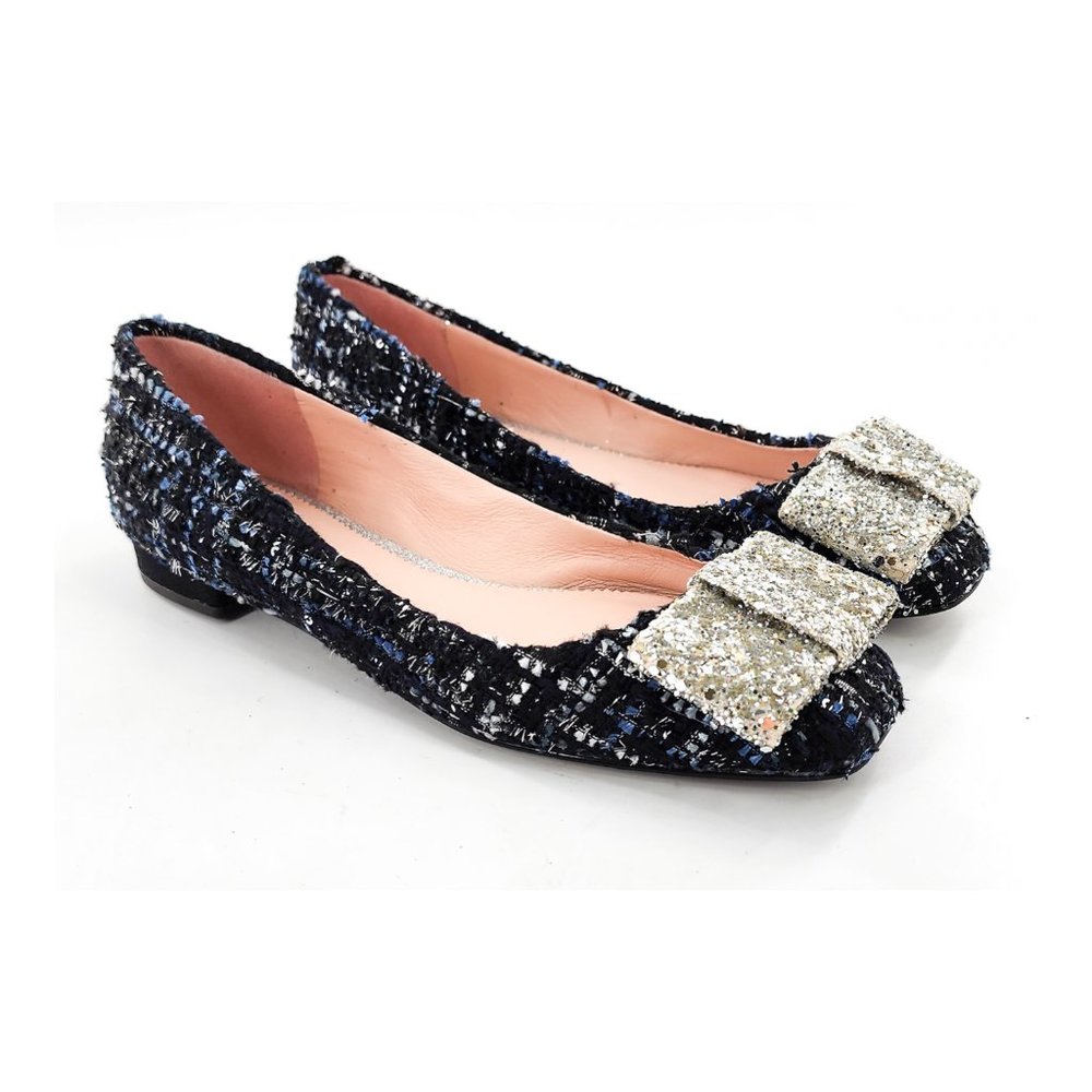 J. Crew Navy Tweed Flats with Silver Glitter Bow